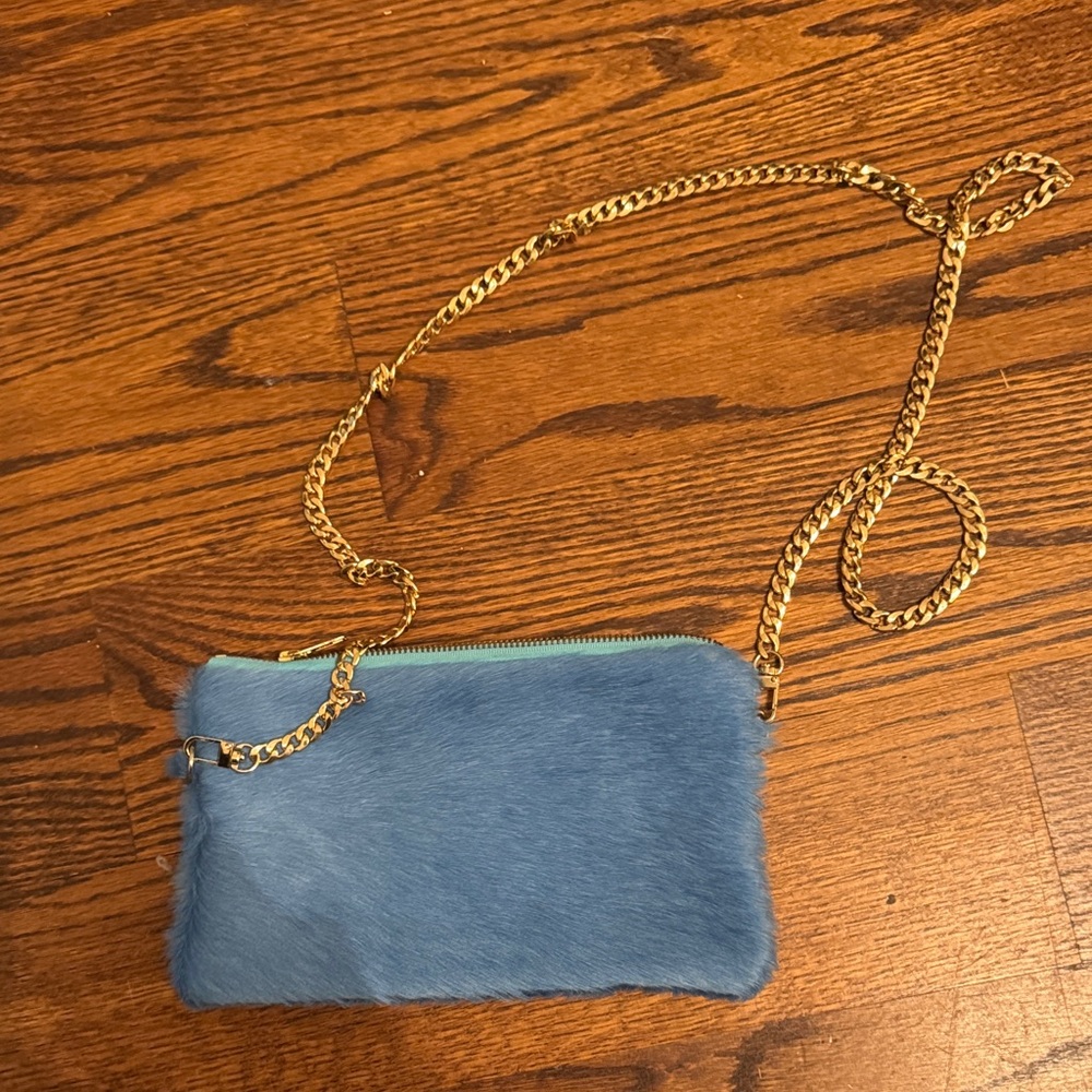 Parker and Hyde Blue cow Crossbody clutch Bag with removable Gold Chain